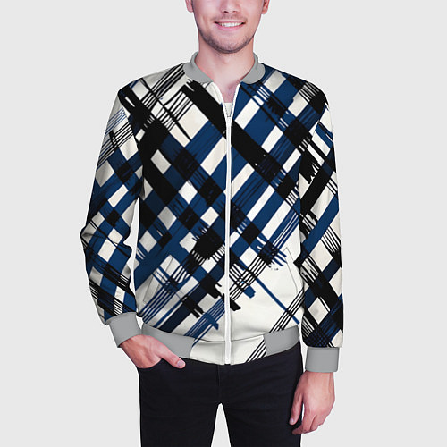 Мужской бомбер Косая клетка бело-синяя / 3D-Меланж – фото 3
