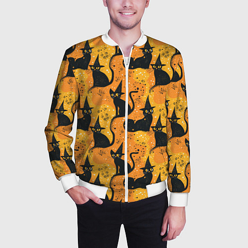 Мужской бомбер Кошки в шляпах - паттерн / 3D-Белый – фото 3
