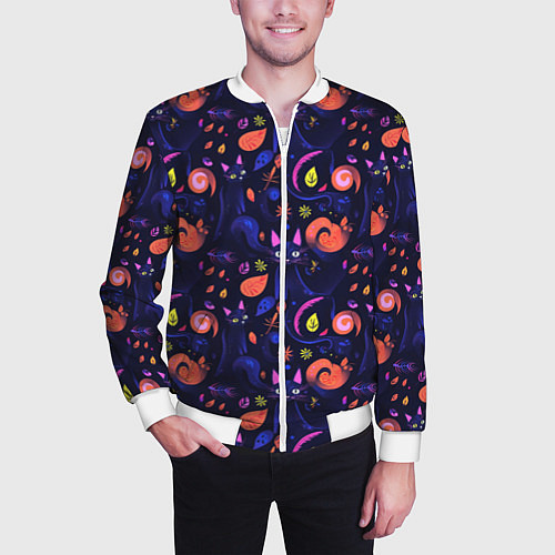 Мужской бомбер Черные кошки - паттерн / 3D-Белый – фото 3