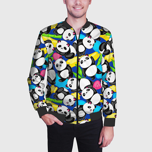 Мужской бомбер Панды цветной паттерн / 3D-Черный – фото 3
