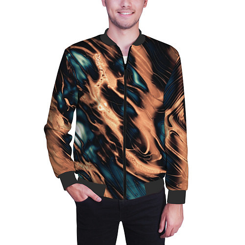 Мужской бомбер Абстракция тёмный бирюзово-медный / 3D-Черный – фото 3