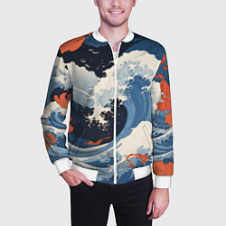 Бомбер мужской Япония волны алые цветы, цвет: 3D-белый — фото 2