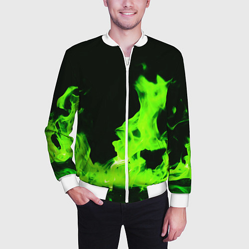 Мужской бомбер Кислотный зелёный огонь / 3D-Белый – фото 3