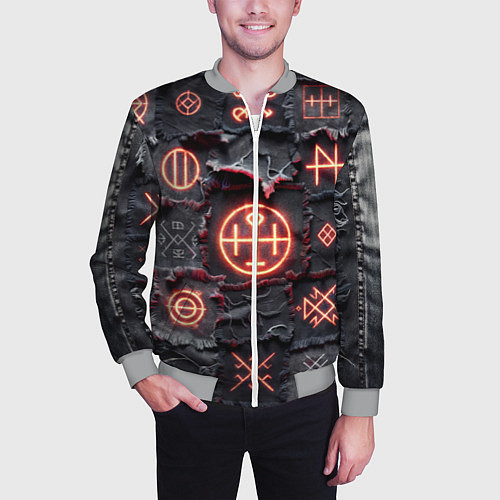 Мужской бомбер Символы викингов на пэчворк дениме / 3D-Меланж – фото 3