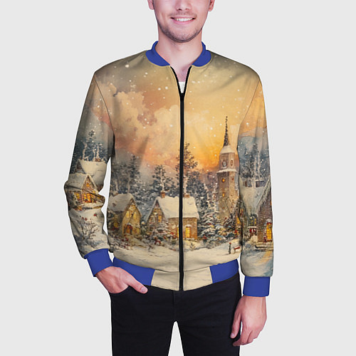 Мужской бомбер Новогодний небольшой городок / 3D-Синий – фото 3
