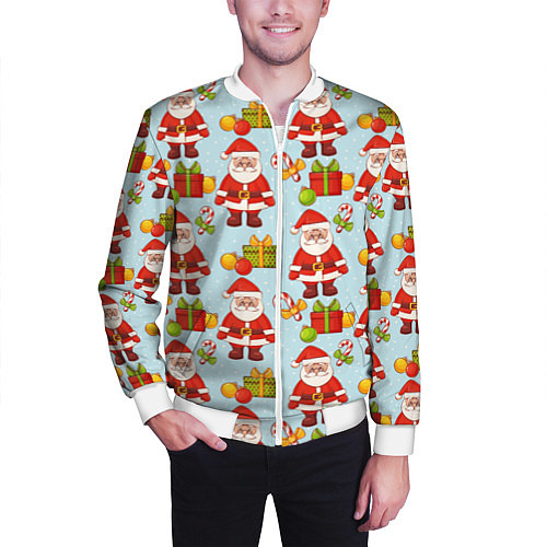 Мужской бомбер Новогодний паттерн с Сантой и подарками / 3D-Белый – фото 3