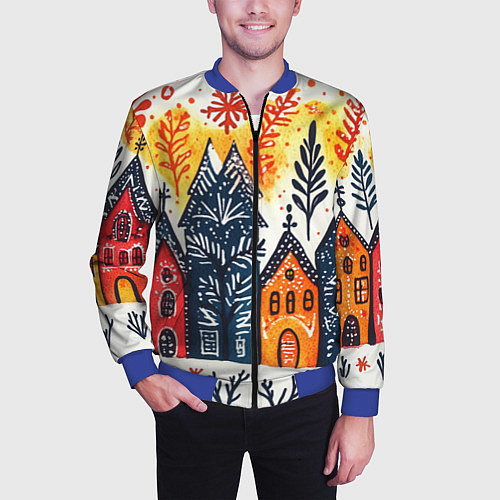 Мужской бомбер Разноцветные новогодние дома / 3D-Синий – фото 3