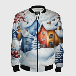 Бомбер мужской Зимний новогодний городской пейзаж, цвет: 3D-черный