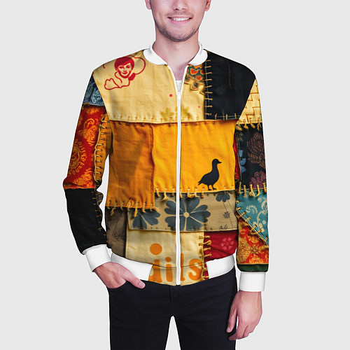 Мужской бомбер Пэчворк с птичкой / 3D-Белый – фото 3