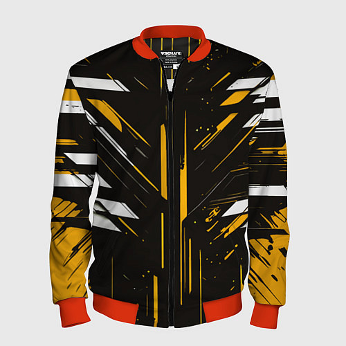 Мужской бомбер Жёлто-белые полосы и точки на чёрном фоне / 3D-Красный – фото 1