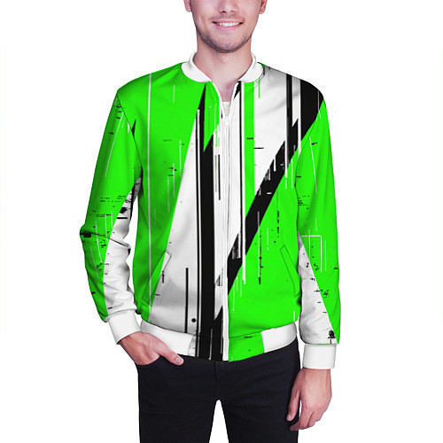 Мужской бомбер Black and white vertical stripes on a green backgr / 3D-Белый – фото 3