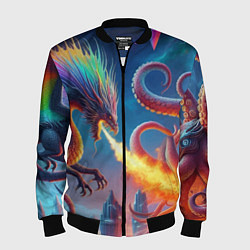 Бомбер мужской Огнедышащий дракон против осьминога - нейроарт фан, цвет: 3D-черный