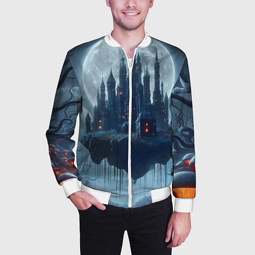 Мужской бомбер Замок Дракулы и неоновые грибы - нейроарт фантазия / 3D-Белый – фото 3