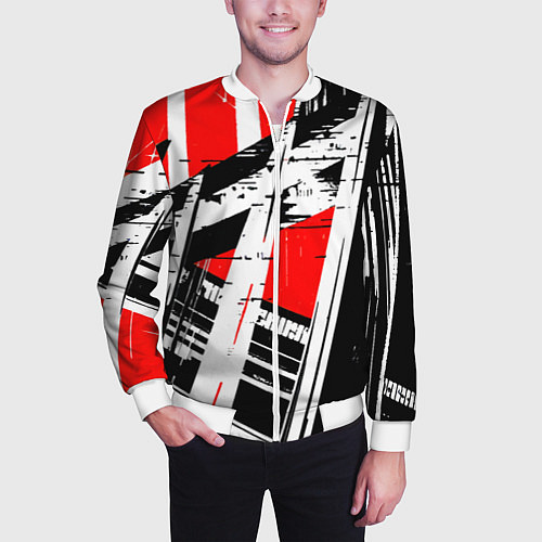 Мужской бомбер Чёрно-белые абстрактные линии на красном фоне / 3D-Белый – фото 3