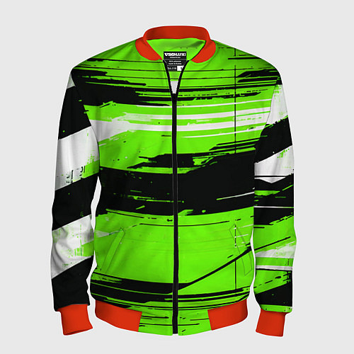 Мужской бомбер Горизонтальные чёрно-белые линии на зелёном фоне / 3D-Красный – фото 1
