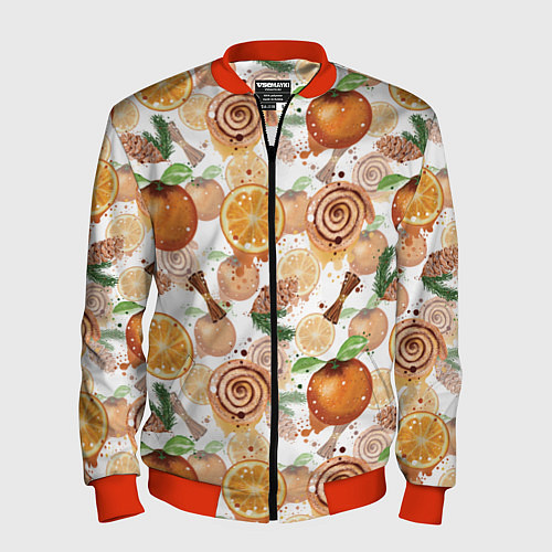 Мужской бомбер Апельсины, корица, булочки с корицей на светлом фо / 3D-Красный – фото 1
