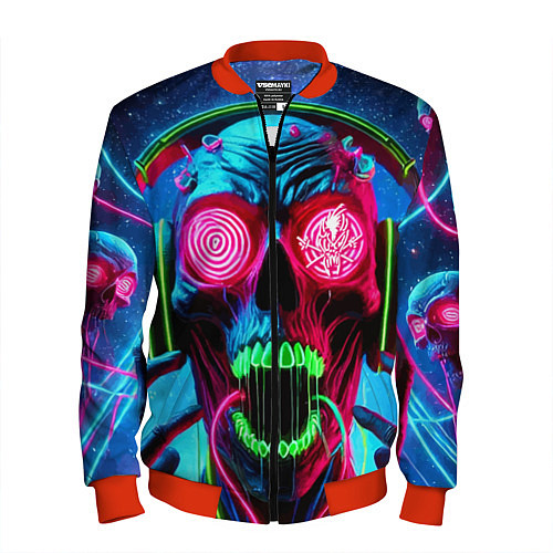 Мужской бомбер Metallica - neon skull with headphones / 3D-Красный – фото 1