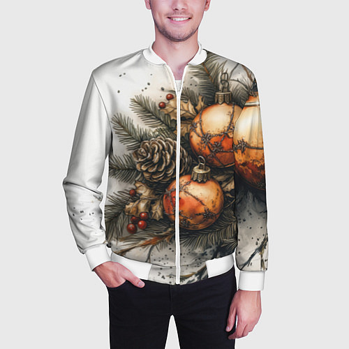 Мужской бомбер Новогодние игрушки и шишки / 3D-Белый – фото 3