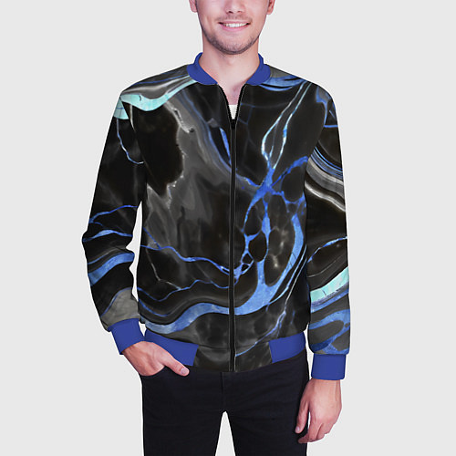 Мужской бомбер Синие флюиды на чёрном фоне / 3D-Синий – фото 3