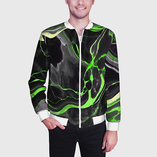 Мужской бомбер Зелёно-чёрный мрамор / 3D-Белый – фото 3