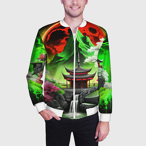 Мужской бомбер Водопад японии и природа / 3D-Белый – фото 3