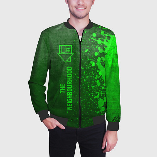 Мужской бомбер The Neighbourhood - green gradient по-вертикали / 3D-Черный – фото 3