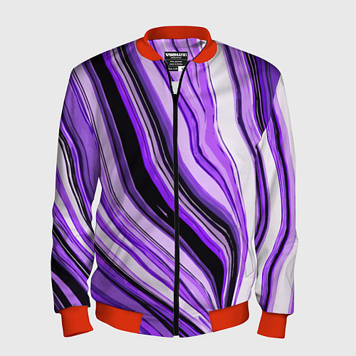 Мужской бомбер Волнистые вертикальные чёрно-фиолетовые полосы / 3D-Красный – фото 1