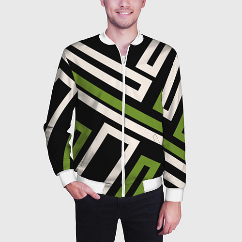 Мужской бомбер Прямоугольники по диагонали-зеленый, черный / 3D-Белый – фото 3