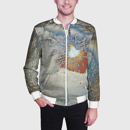 Мужской бомбер Искрящийся мандарин на снегу / 3D-Белый – фото 3