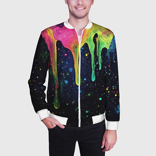 Мужской бомбер Разноцветные потеки краски / 3D-Белый – фото 3
