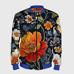 Бомбер мужской Маки и пионы старинный паттерн, цвет: 3D-синий