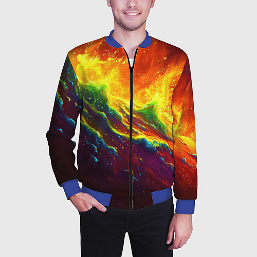 Мужской бомбер Абстрактные волны с огнем / 3D-Синий – фото 3