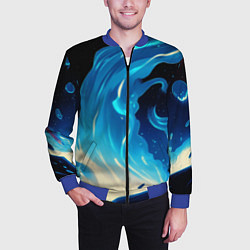 Бомбер мужской Бело-синее пламя из абстрактных красок, цвет: 3D-синий — фото 2