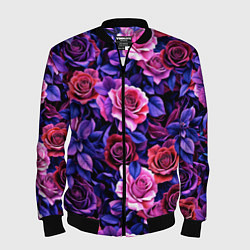 Бомбер мужской Разноцветные цветы - синие розы паттерн, цвет: 3D-черный
