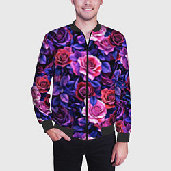 Бомбер мужской Разноцветные цветы - синие розы паттерн, цвет: 3D-черный — фото 2