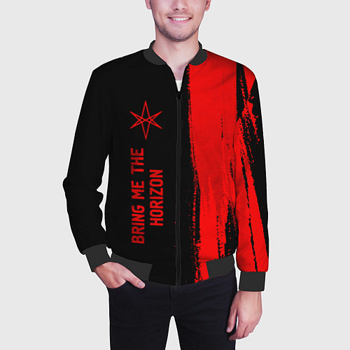 Мужской бомбер Bring Me the Horizon - red gradient по-вертикали / 3D-Черный – фото 3