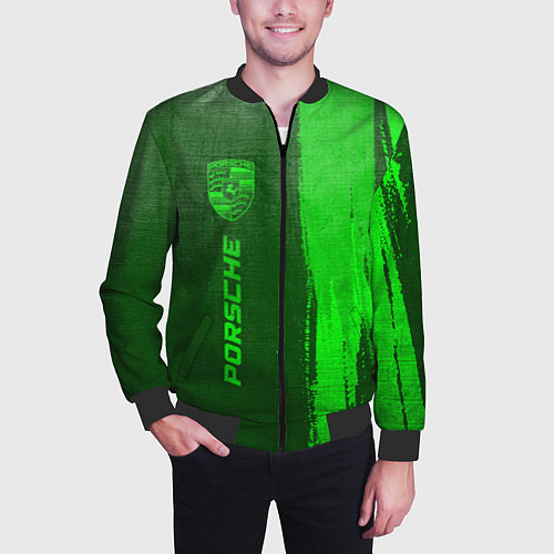 Мужской бомбер Porsche - green gradient по-вертикали / 3D-Черный – фото 3