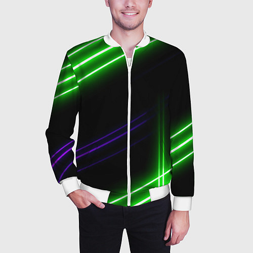 Мужской бомбер Green pink purple line / 3D-Белый – фото 3