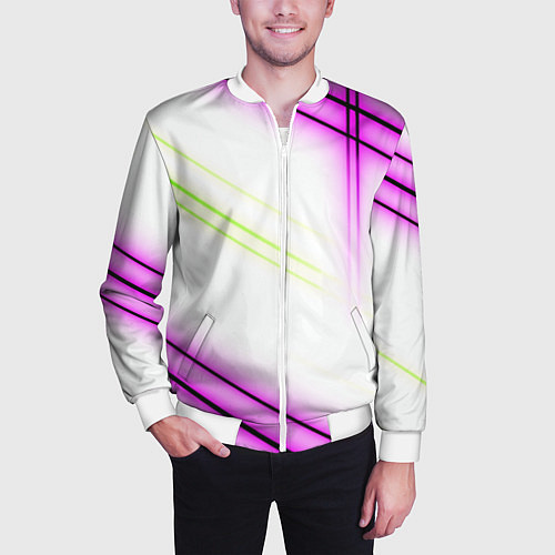 Мужской бомбер Green white pink line / 3D-Белый – фото 3