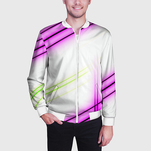 Мужской бомбер Green white pink line / 3D-Белый – фото 3