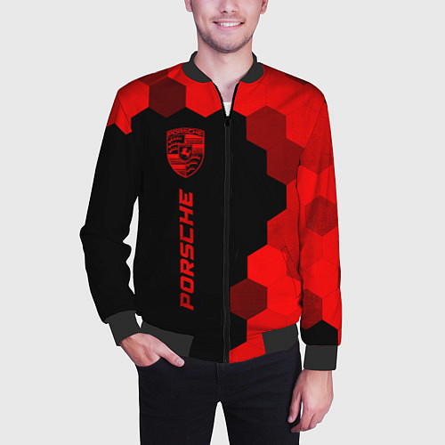 Мужской бомбер Porsche - red gradient по-вертикали / 3D-Черный – фото 3