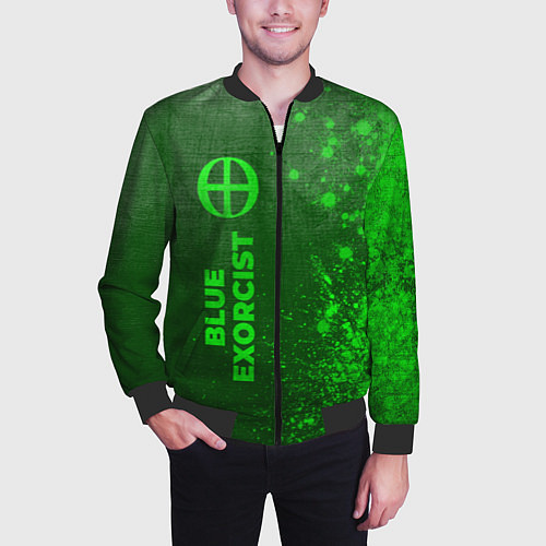 Мужской бомбер Blue Exorcist - green gradient по-вертикали / 3D-Черный – фото 3
