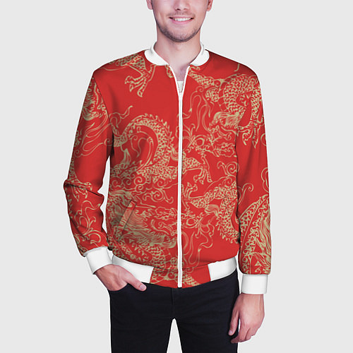 Мужской бомбер Золотые драконы на красном / 3D-Белый – фото 3