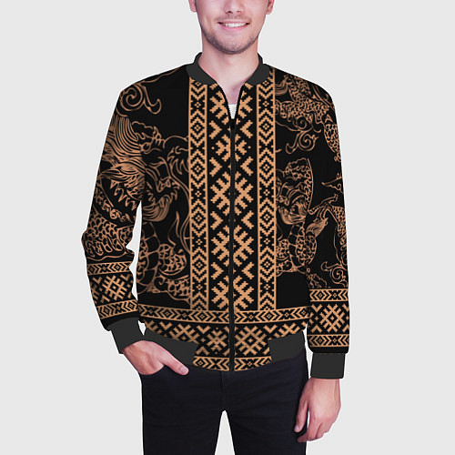 Мужской бомбер Золотой дракон с узорами славянскими / 3D-Черный – фото 3