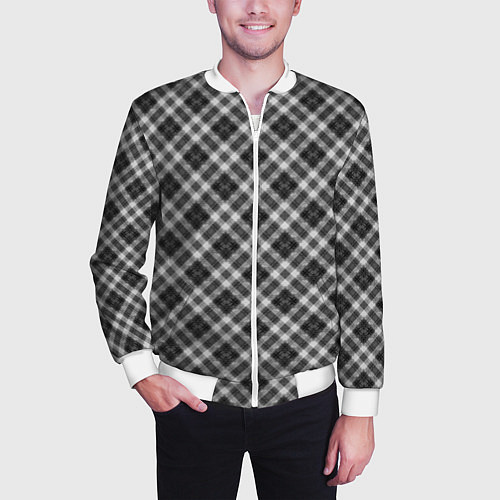 Мужской бомбер Косая черно белая клетка / 3D-Белый – фото 3