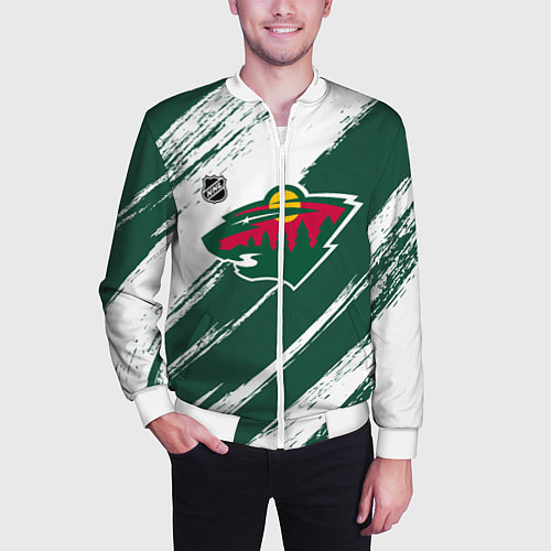 Мужской бомбер Миннесота Уайлд - зеленый и белый / 3D-Белый – фото 3