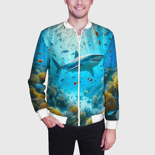 Мужской бомбер Белая акула в коралловом рифе / 3D-Белый – фото 3