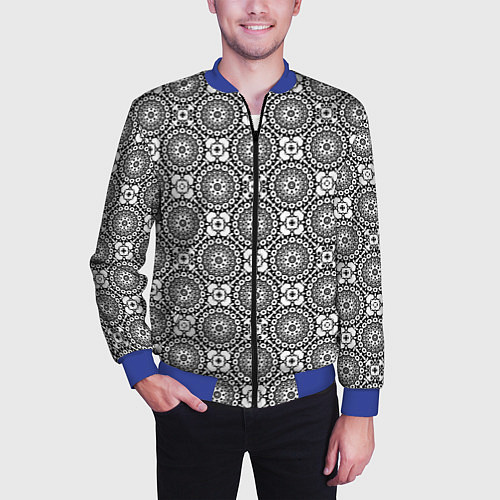 Мужской бомбер Черно белый кружевной узор / 3D-Синий – фото 3