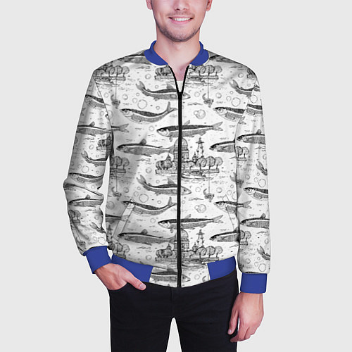 Мужской бомбер Корюшка и рыбалка в Питере паттерн / 3D-Синий – фото 3