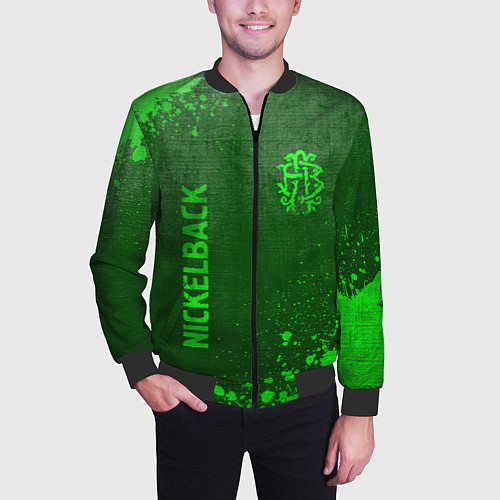 Мужской бомбер Nickelback - green gradient вертикально / 3D-Черный – фото 3